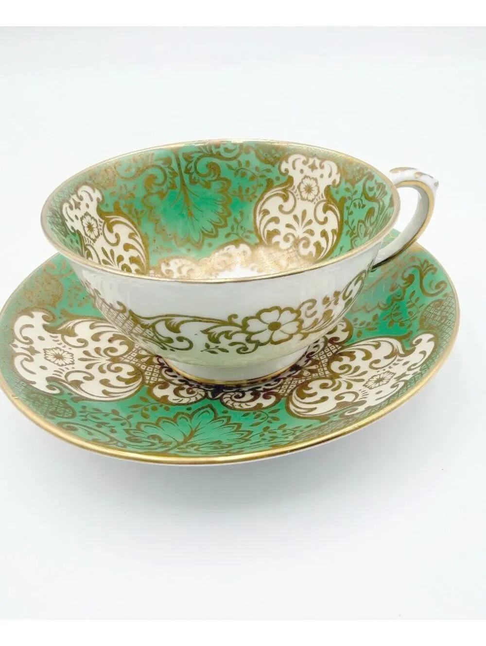 Crown Staffordshire Vintage Teacup Saucer Green Gold Floral Bone China A14099